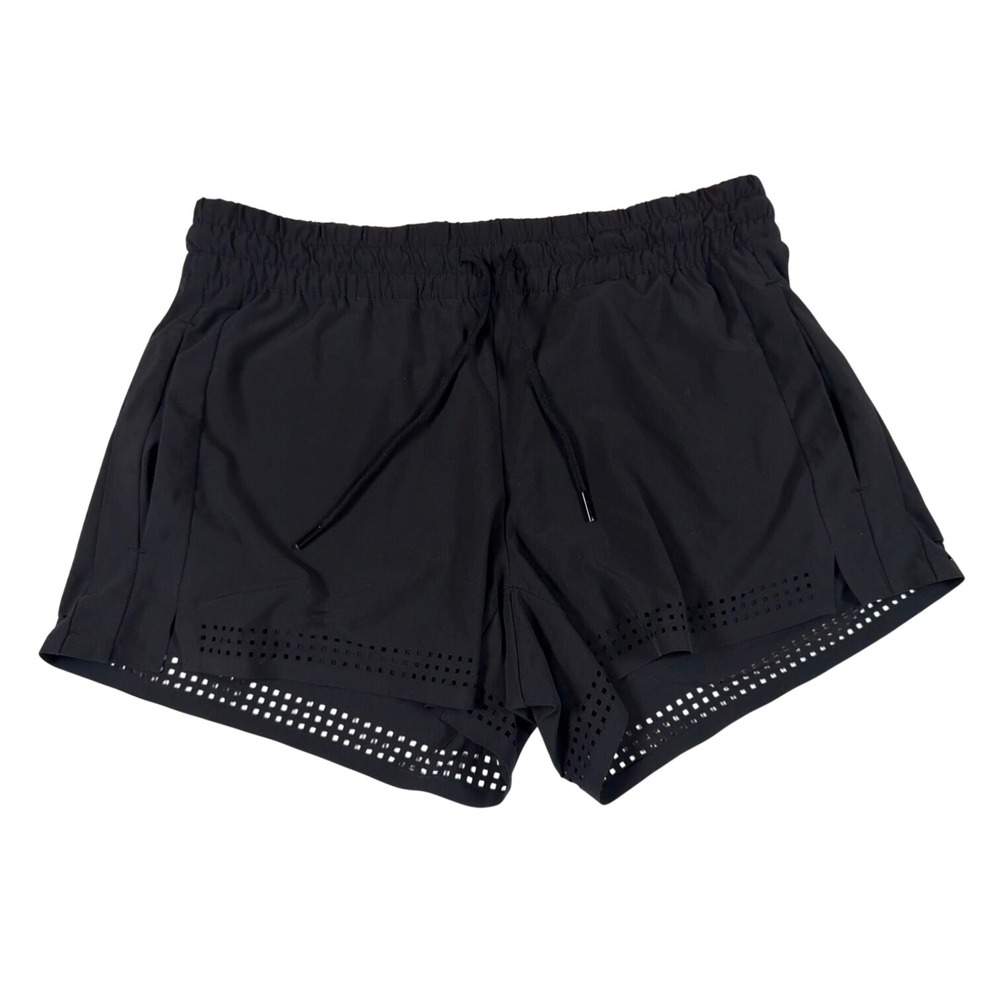 Athleta Womens Black Laser Cut Perforated Running Shorts Size 6 Zipper Pockets